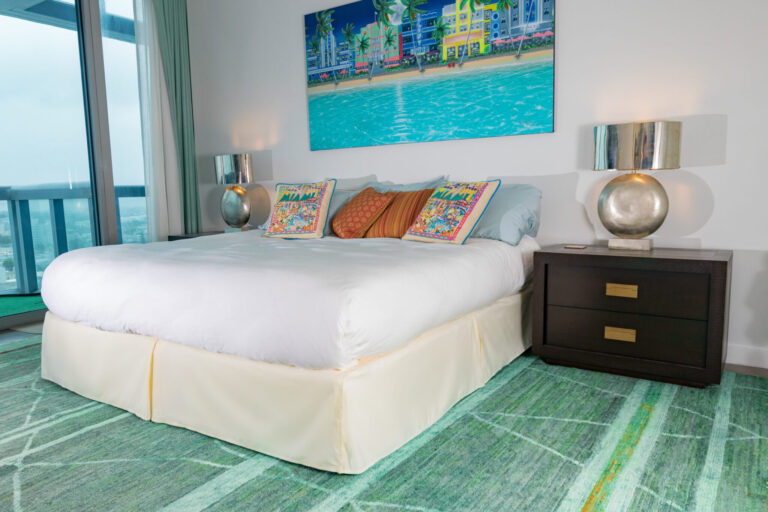 Simply On Bed Skirt installed on a bed — no mattress lifting required